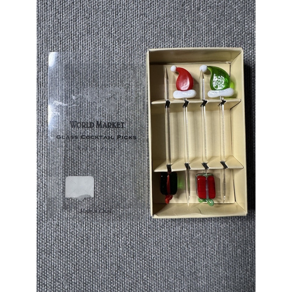 World Market Glass Cocktail Picks Set of 4 Christmas Santa Hat Gift Present Bar - Picture 4 of 5